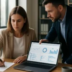 Két ember, akik tehetséggondozó szoftvert használnak a HR-ben.