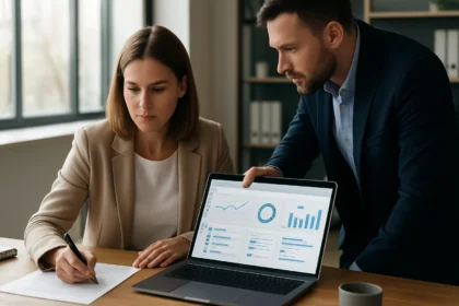 Két ember, akik tehetséggondozó szoftvert használnak a HR-ben.