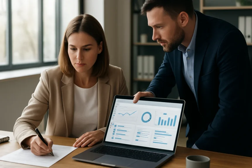 Két ember, akik tehetséggondozó szoftvert használnak a HR-ben.
