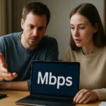 Két ember beszélget a Mbps adatátvitel sebességről laptopon.