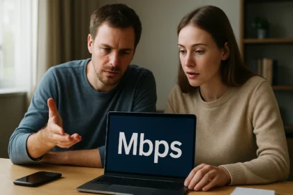 Két ember beszélget a Mbps adatátvitel sebességről laptopon.