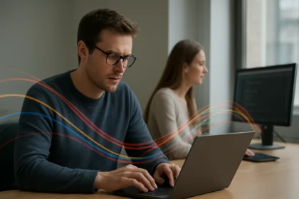 Két informatikai szakember dolgozik, jelcsatornák áthallását szimbolizáló színes vonalakkal.