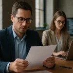 Két szakember, akik white paper-t olvasnak és dolgoznak az irodában