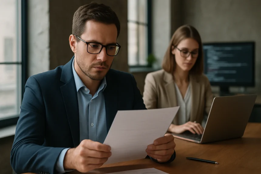 Két szakember, akik white paper-t olvasnak és dolgoznak az irodában