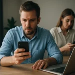 Két ember mobiltelefonon kommunikál egy irodai környezetben.