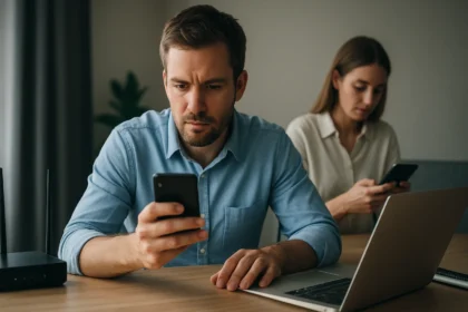 Két ember mobiltelefonon kommunikál egy irodai környezetben.