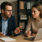 Két felnőtt az informatikáról beszélget, laptop előtt ülnek.