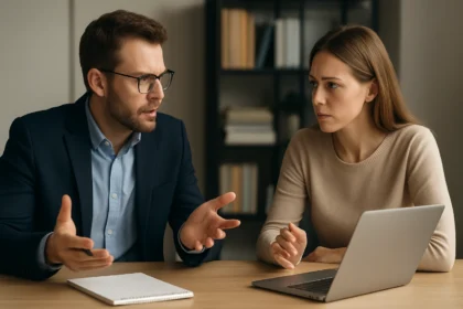 Két felnőtt az informatikáról beszélget, laptop előtt ülnek.