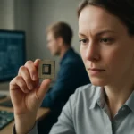 Nő mikrochipet tart a kezében, háttérben elektronikai tervezés.