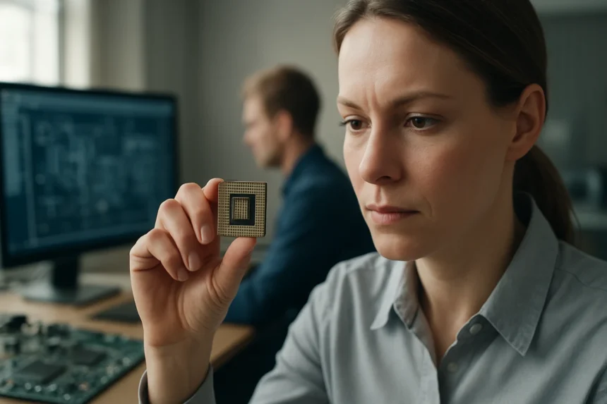 Nő mikrochipet tart a kezében, háttérben elektronikai tervezés.