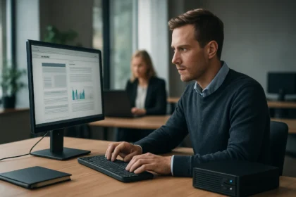 Férfi számítógépes munkát végez egy modern irodában.