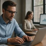 Két ember dolgozik laptopon irodai környezetben, adatokat elemzve.