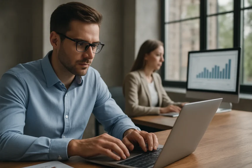 Két ember dolgozik laptopon irodai környezetben, adatokat elemzve.