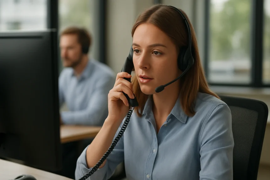 Ügyfélszolgálati munkatárs kimenő hívást végez telefonon.