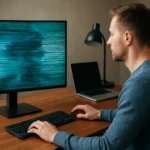 Férfi váltottsoros megjelenítés monitor előtt, technológiai háttérrel.