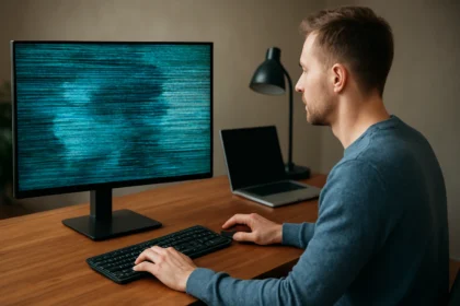 Férfi váltottsoros megjelenítés monitor előtt, technológiai háttérrel.