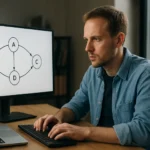 Programozó véges állapotú gép modellt elemez egy monitor előtt