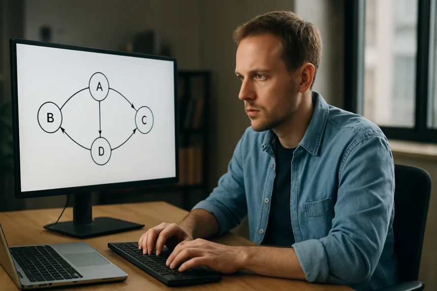 Programozó véges állapotú gép modellt elemez egy monitor előtt