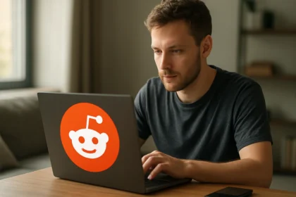 Férfi laptopon Reddit közösségi média platformon dolgozik.