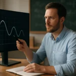 Férfi hullámok elemzés közben a számítógép monitorján.