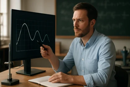 Férfi hullámok elemzés közben a számítógép monitorján.