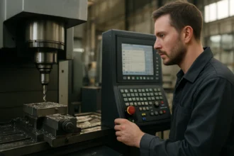 CNC gép kezelése, precíziós fémmegmunkálás során.