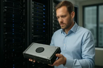 Férfi, aki egy Cluster Quorum Disks tárolóeszközt tart a kézben