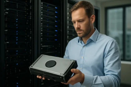 Férfi, aki egy Cluster Quorum Disks tárolóeszközt tart a kézben