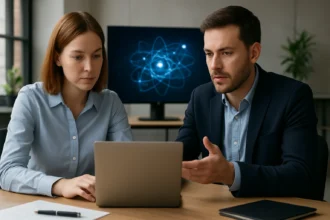 Két szakértő az Azure Quantum felhőszolgáltatásról tárgyal laptop mellett.