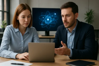 Két szakértő az Azure Quantum felhőszolgáltatásról tárgyal laptop mellett.