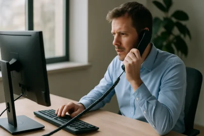 Férfi telefonál számítógépnél, DID technológia használat közben.