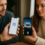 Két ember, aki Apple telefonokon használja az AirDrop fájlmegosztást.