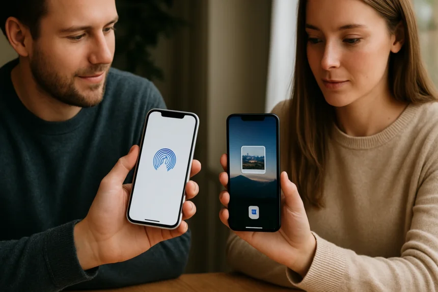 Két ember, aki Apple telefonokon használja az AirDrop fájlmegosztást.