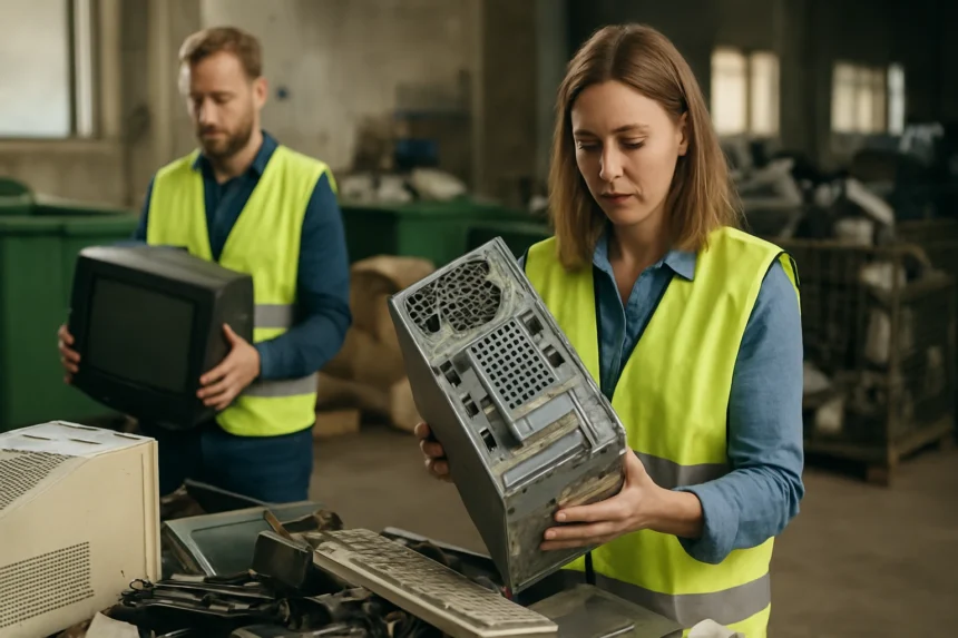 Emberek elektromos hulladékokkal foglalkoznak újrahasznosító központban.