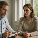 Orvos beszélget egy beteggel a rendelőben, CPT kódokkal kapcsolatos információkat megosztva.