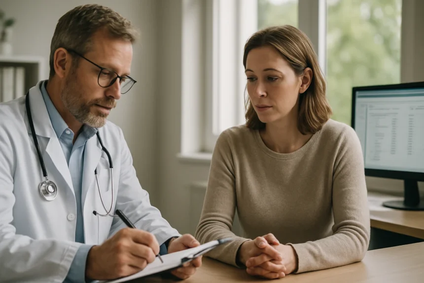 Orvos beszélget egy beteggel a rendelőben, CPT kódokkal kapcsolatos információkat megosztva.