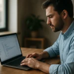 Férfi dolgozik az Outlook szoftveren távoli hozzáféréssel