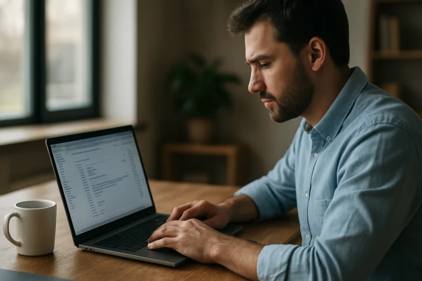 Férfi dolgozik az Outlook szoftveren távoli hozzáféréssel