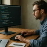 Programozó dolgozik a számítógépén kódírás közben