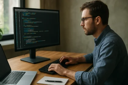 Programozó dolgozik a számítógépén kódírás közben