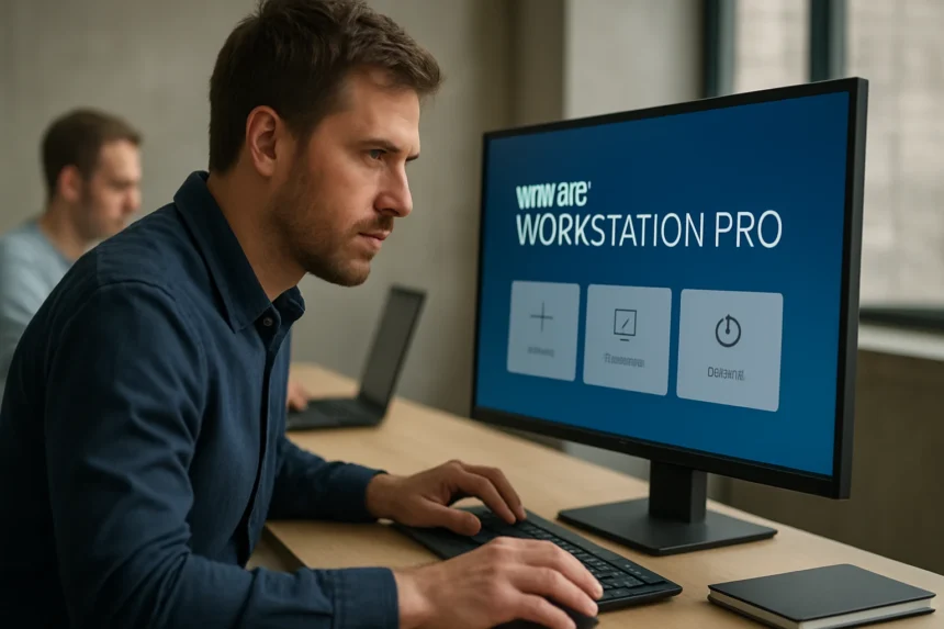 Férfi a VMware Workstation Pro szoftveren dolgozik, több virtuális gép kezelésére.