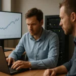 Két férfi szoftvertesztelés közben Spike Testinget elemezve.