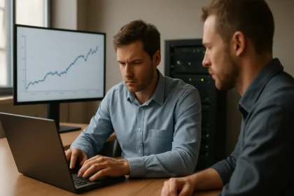 Két férfi szoftvertesztelés közben Spike Testinget elemezve.