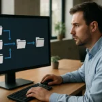 Férfi adatdeduplikációs folyamatot szemlél egy számítógépen.