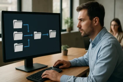 Férfi adatdeduplikációs folyamatot szemlél egy számítógépen.