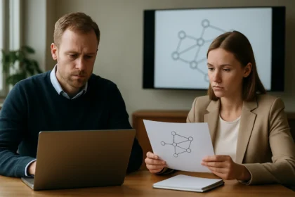 Két szakember adatkezelésről és útvonalösszegzésről beszélget egy értekezleten.