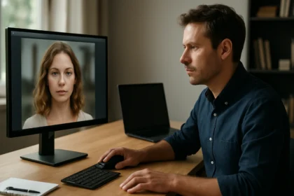 Férfi generatív MI által készített képeket elemzi a monitoron.