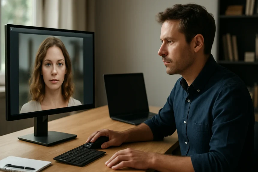 Férfi generatív MI által készített képeket elemzi a monitoron.