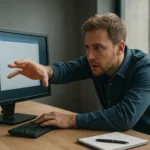 Férfi a számítógép előtt, aki idegesen mutat egy képernyőre, érintő kóddal.