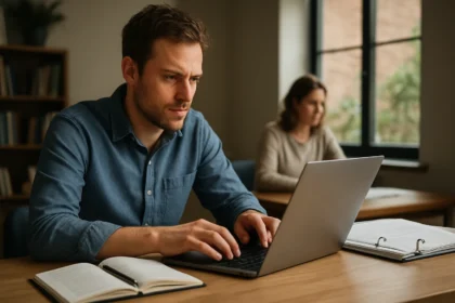 Férfi a számítógépén dolgozik, a háttérben egy nővel.